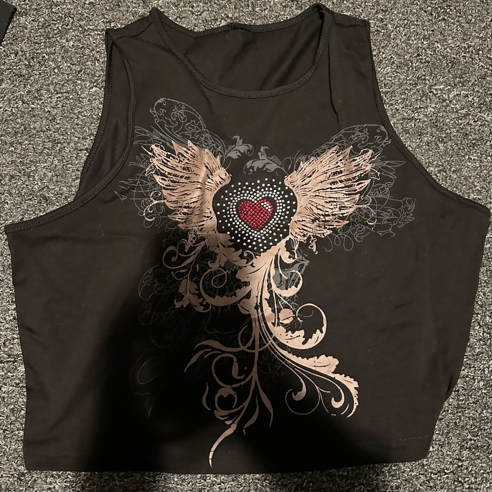 Black tank top with rhinestone heart